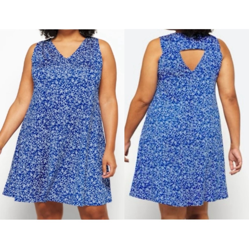 Fortune & Ivy Blue White Floral Sleeveless Julianne Knit Key Hole Back Dress 2X